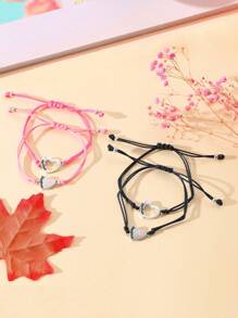 Goodwaro 2pcs Creative Polished Pink Drip Heart Shape Pendant Bracelet Set, Engraved Mother & Daughter Design, Handmade Braided Bangle, Matching Card And Package, Suitable For Christmas, Thanksgiving & New Year's Gift - Black - View 6