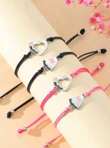 Goodwaro 2pcs Creative Polished Pink Drip Heart Shape Pendant Bracelet Set, Engraved Mother & Daughter Design, Handmade Braided Bangle, Matching Card And Package, Suitable For Christmas, Thanksgiving & New Year's Gift - Black - View 7