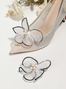 1對白色蕾絲&黑邊珍珠&鑽石裝飾鞋扣,適用於各種女鞋