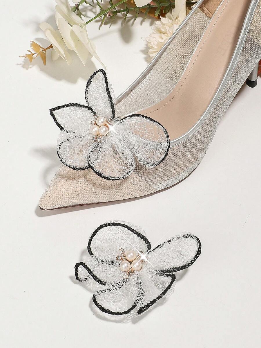 1對白色蕾絲&黑邊珍珠&鑽石裝飾鞋扣,適用於各種女鞋
