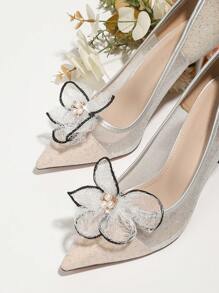 1對白色蕾絲&黑邊珍珠&鑽石裝飾鞋扣,適用於各種女鞋