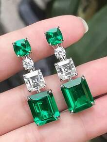 1對迷人的綠色立方氧化鋯垂墜耳環,適用於女性結婚、訂婚、紀念日首飾、情人節禮物 - 銀色 - 查看 2