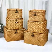 1pc Hand-Woven Seaweed Storage Box, Handmade Gift Box, Desktop Decor Display & Storage Box, Gift Packaging Box For New Year, Bedroom & Living Room Home Organization & Storage Basket