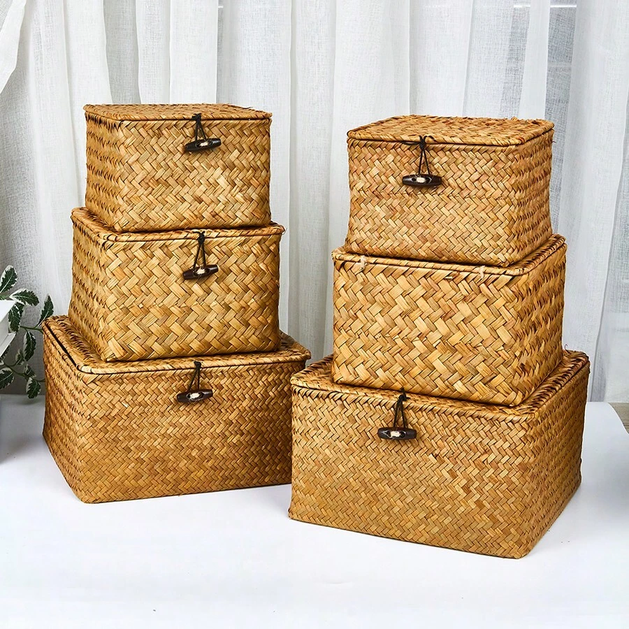 1pc Hand-Woven Seaweed Storage Box, Handmade Gift Box, Desktop Decor Display & Storage Box, Gift Packaging Box For New Year, Bedroom & Living Room Home Organization & Storage Basket