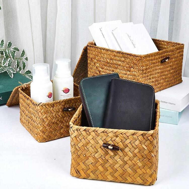 1 pieza Caja de almacenamiento de algas tejida a mano, caja de regalo hecha a mano, caja de exhibición y almacenamiento para el escritorio, caja de embalaje de regalo para Año Nuevo, organizador y cesta de almacenamiento para dormitorio y sala de estar - Amarillo - Añade 9