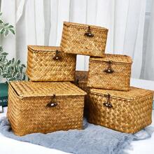 1pc Hand-Woven Seaweed Storage Box, Handmade Gift Box, Desktop Decor Display & Storage Box, Gift Packaging Box For New Year, Bedroom & Living Room Home Organization & Storage Basket