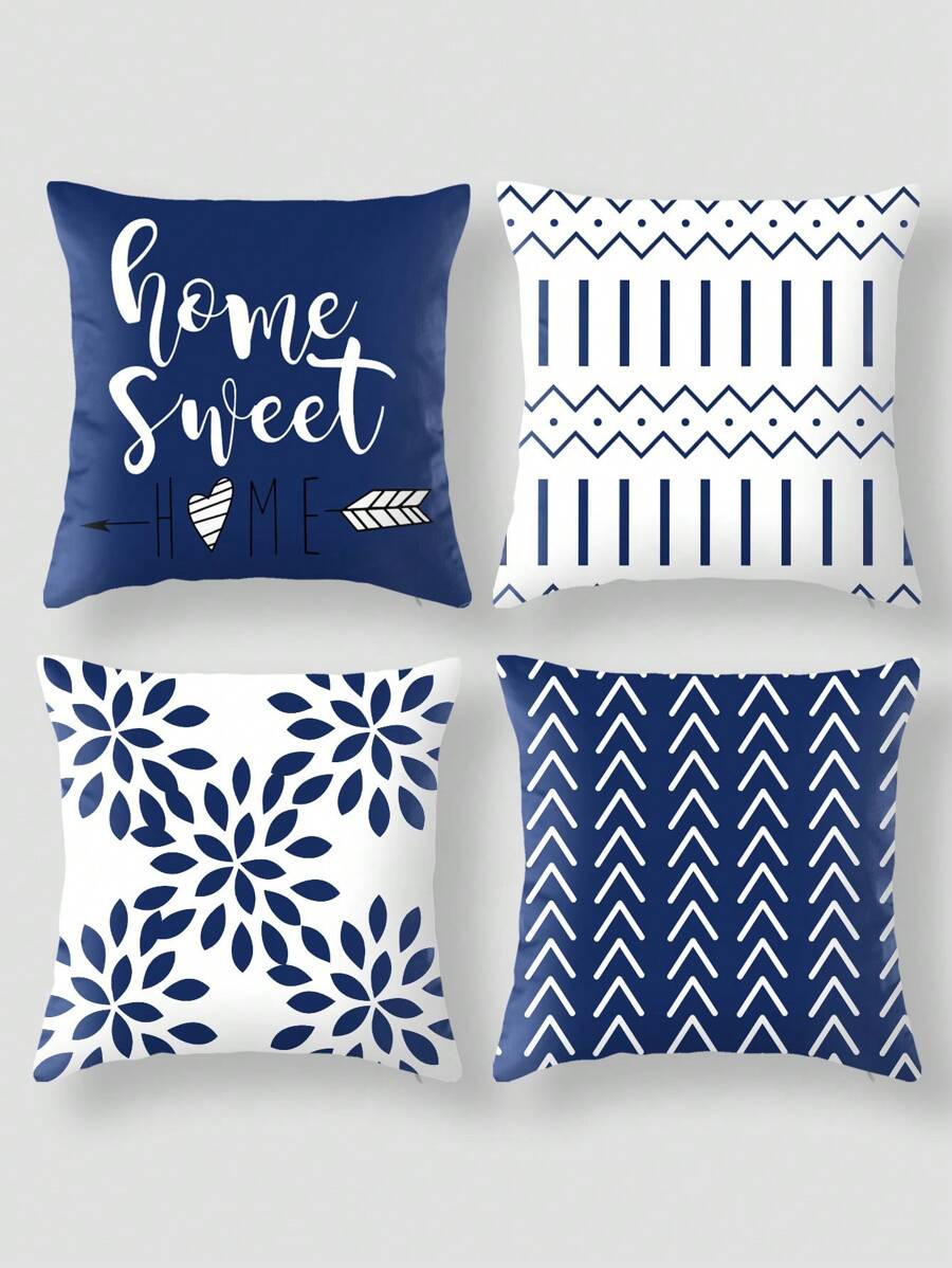4 件裝幾何箭心與散葉圖案藍色墊套 - 彩色 - 查看 1
