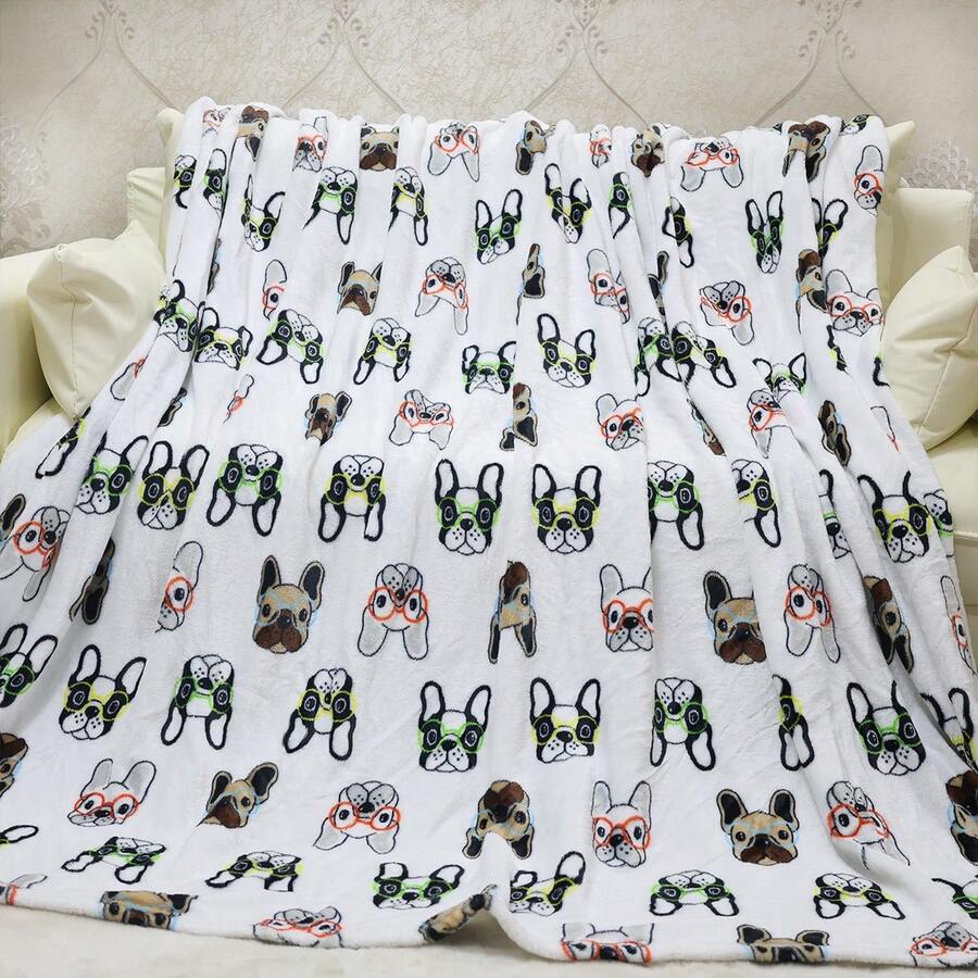 1件絨布卡通狗戴眼鏡印花雙面毯子,柔軟舒適,適用於臥室、沙發、客廳,方便攜帶