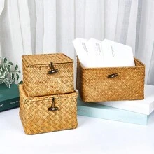 1pc Hand-Woven Seaweed Storage Box, Handmade Gift Box, Desktop Decor Display & Storage Box, Gift Packaging Box For New Year, Bedroom & Living Room Home Organization & Storage Basket