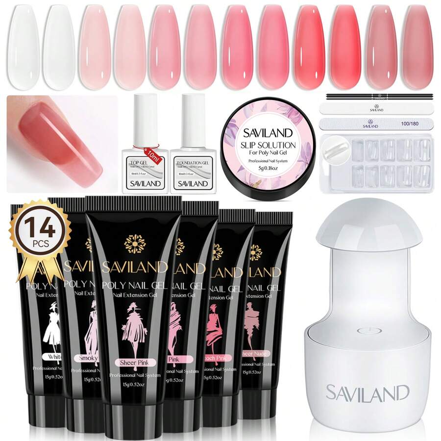 Saviland Poly Nail Extension Gel Kit - 6 Colors Poly Gel Nail Kit Starter Kit with Nail Lamp White Pink Nail Gel with Slip Solution Nail Tools All-in-one for Home DIY Set - 6 色聚美甲凝膠套件 - 查看 1