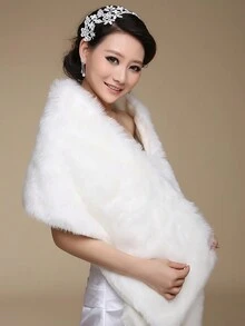 1 件白色毛絨長新娘披肩婚禮配件適用於旗袍、圍巾、新娘斗篷和大披肩 - 白色 - 查看 3