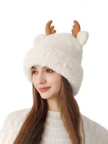 冬季新品白色針織毛帽採用可愛卡通鹿角和毛絨襯裡,有耳套設計,適用於聖誕節女孩的戶外保暖 - 白色 - 查看 2