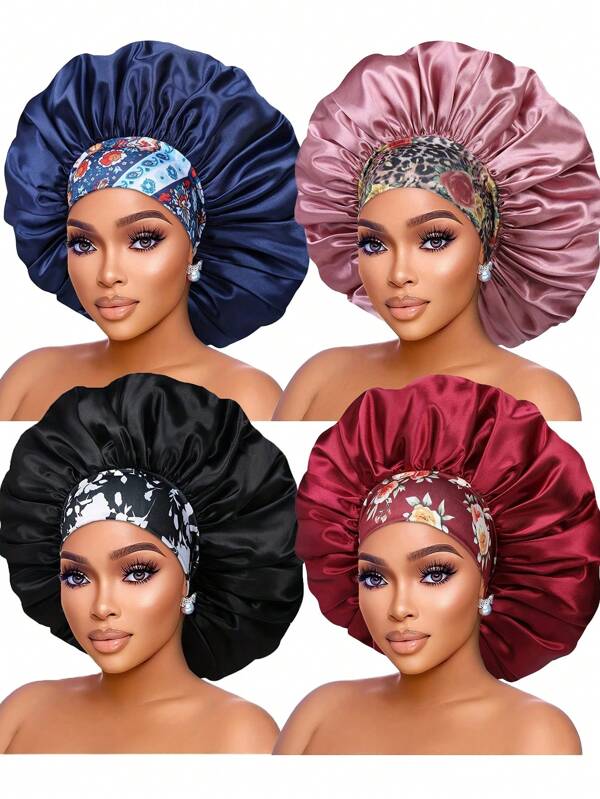 4Pcs Large Size Wide Brim Design Adjustable Elastic Band Floral Strap Hair Bonnets For Curly & Straight Hair