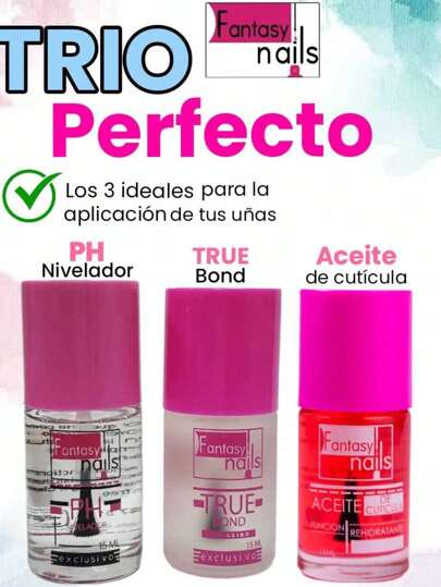 TRIO Perfecto Aplicacion de Uñas PH Nivelador + True Bond + Aceite de cuticula 15ml c/u