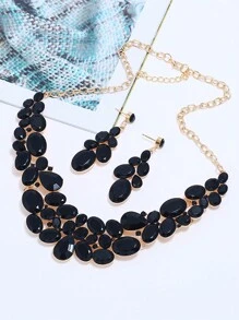 Juego De Joyas De Lujo De Collar Y Aretes Con Incrustaciones De Pedrería - Negro - Ver 8
