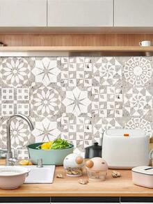 1set/10pcs Self-adhesive Removable Pvc Kitchen Stickers, Vintage Geometric Pattern Square Waterproof Wall Decals Suitable For Home Decoration - Multicolor - View 4