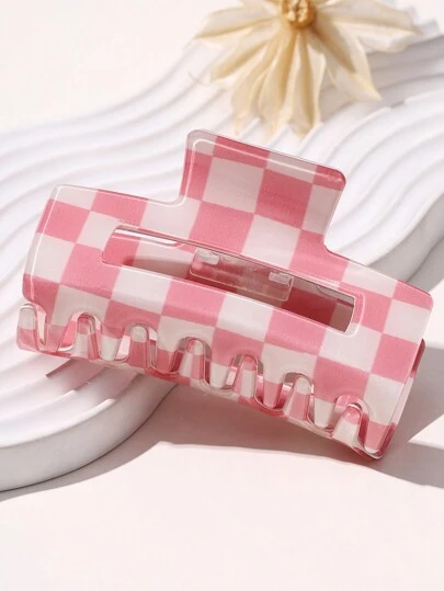1pc Women's High-Quality Elegant Sweet Versatile Pink Checkerboard Hollow Square Non-Slip Stylish Pink Hair Claw, Hair Clip, Headpiece, Suitable For Valentine's Day, Easter, Mother's Day And Other Holidays, Parties, Daily Use And Gifts Hair Accessories Elegant Claw Clip Summer Beach Vacay