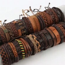 10 Piezas/pack Pulseras Trenzado Ajustable Multicolor Negro Y Marrón De Estilo Europeo Y Americano De Moda, Perfectas Para Regalo De Accesorio De Joyería De Los Hombres - brazalete de cuero - Ver 14