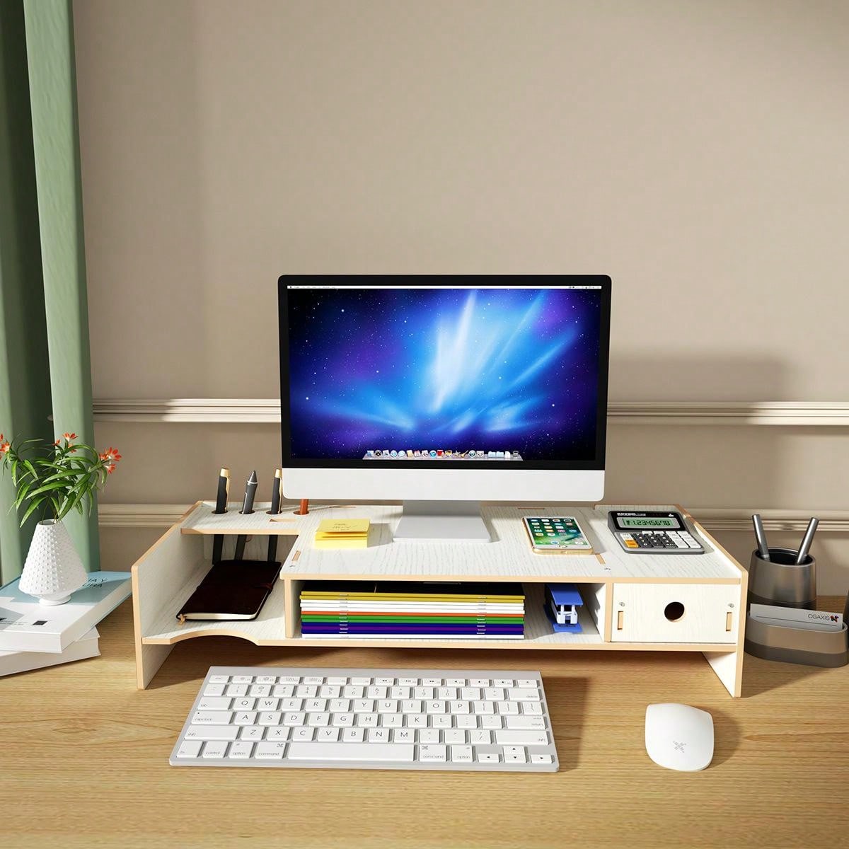 White Desk Shelf For Computer Monitor Increase, Office Desktop Storage
