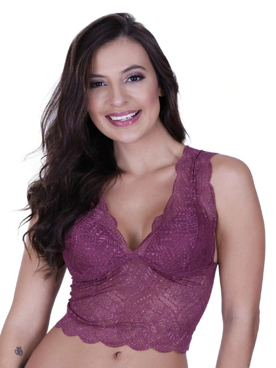 Lace Cropped Top With Cupped Top - 酒紅色 - 查看 1