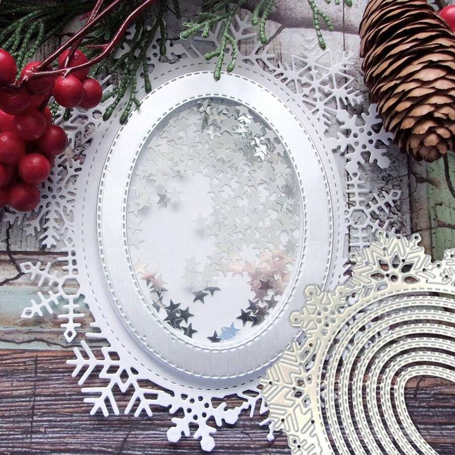 alinacutle Nesting Hình bầu dục Bông tuyết Khung trang trí Cắt kim loại Cắt Đối với Giấy Thủ công Thủ công Thẻ Làm DIY Thiệp chúc mừng Làm sổ lưu niệm Và Tập ảnh - Bạc - Xem 1