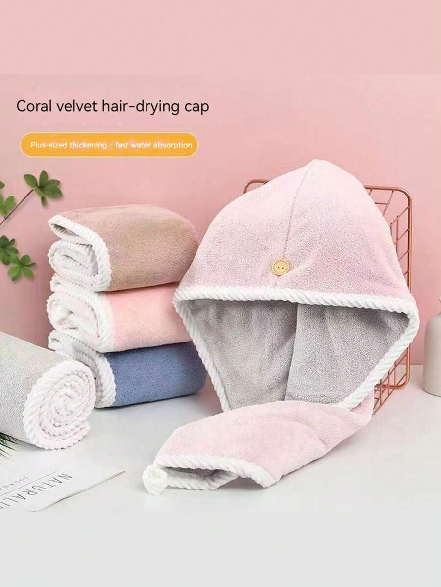 1pc Quick-dry Female Hair Drying Cap With Double-layered & Thickened Design - Tea Pink - View 1