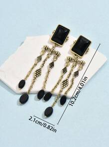 1對復古優雅方形黑水晶長流蘇耳環,時尚華美女士及少女飾品 - 黑色 - 查看 5