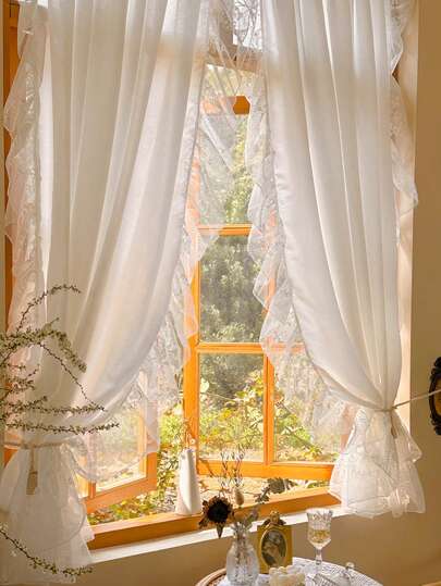1pc White Sheer Voile Curtain With French Ruffled Edges, Translucent Effect