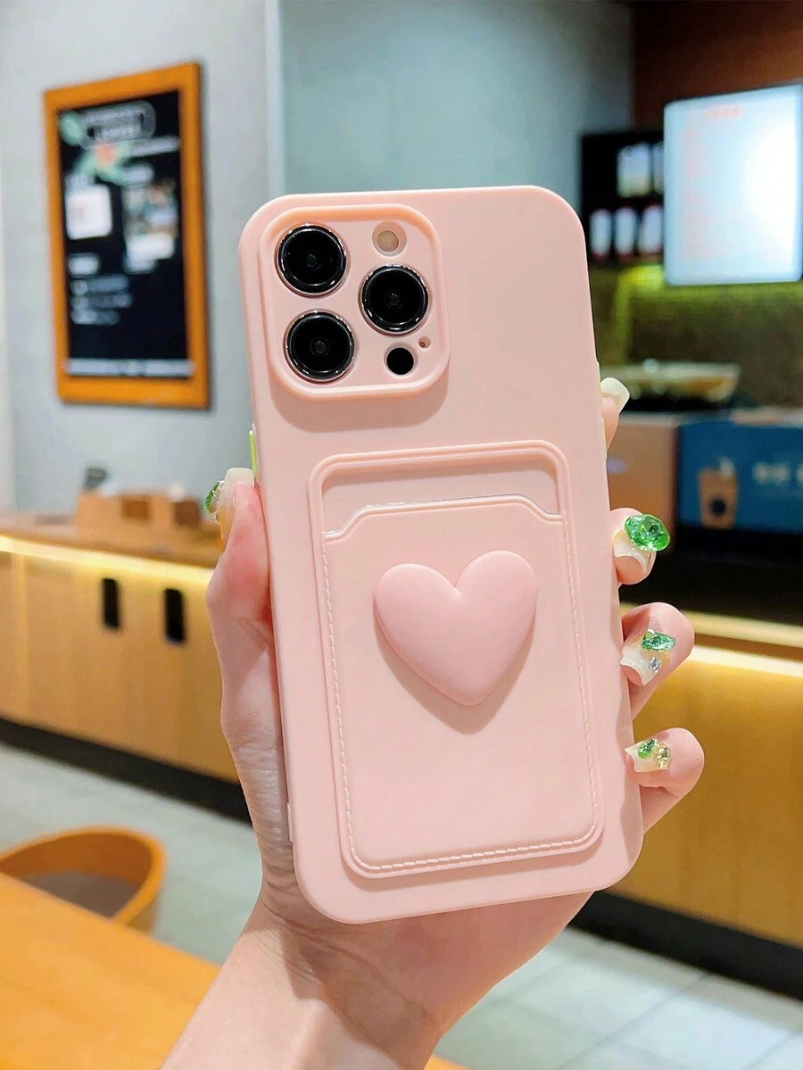 1 Miếng Bảo vệ Ốp lưng & bao da điện thoại Với 3D Hình trái tim Đồ trang sức Và Card Slot Tương thích với iPhone - Bụi hồng - Xem 1