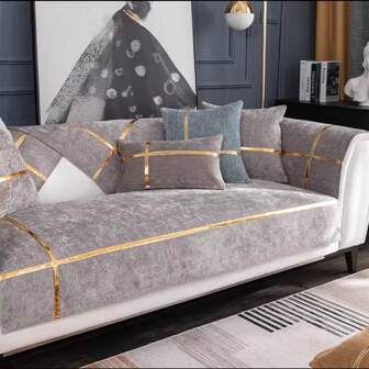 1pc Embossed Snowy Velvet Sofa Slipcover With Gold Print, Anti-slip, Universal & Full Covered, American Simple Style, Suitable For All Seasons