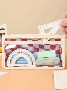 1 件筆袋,2 色大容量雙層設計,適合 Diy 裝飾,網格透明筆袋,適合學生文具用品,ins 風格 - 彩色 - 查看 4