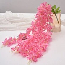 1朵模擬藤蘿花紫丁香小束掛壁假花婚禮背景裝飾藤蔓繡球掛蘭花串客廳掛壁單朵4葉4枝，約120朵花 - 粉色 - 查看 8