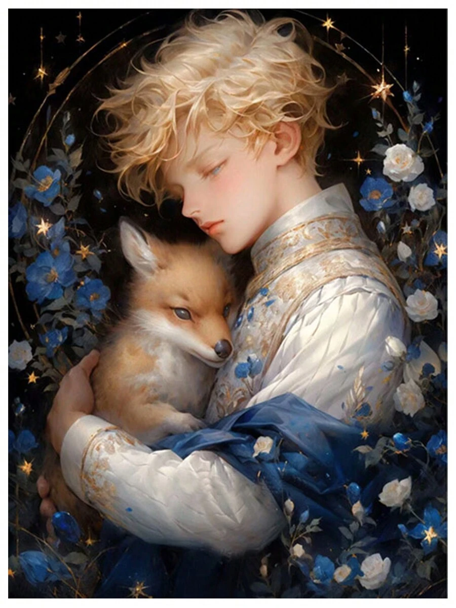 1套鑽石畫油畫布和壓克力,男孩和狐狸diy鑽石畫,適用於家居裝飾