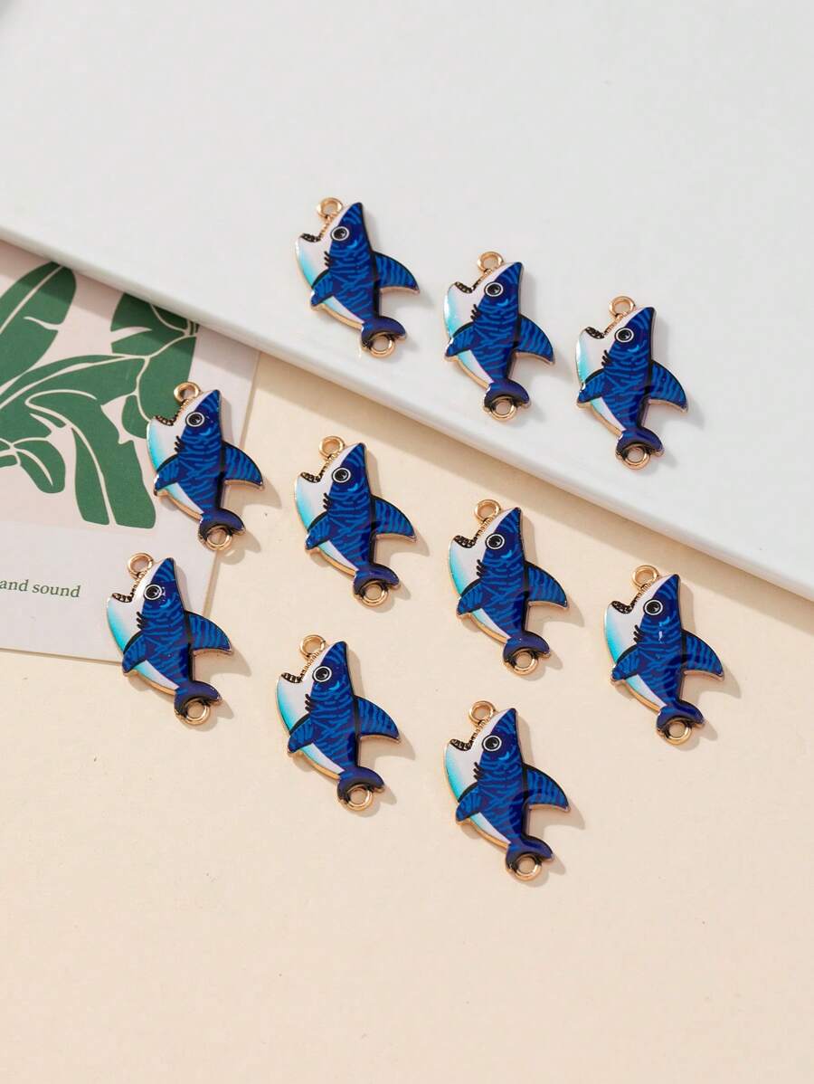 10入組時尚海洋動物雙面鯊魚造型鋅合金吊墜,可用於diy耳環、項鍊和手鍊製作