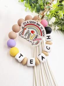 1入組純手工矽膠字母珠手鍊,附壓克力吊墜、pu流蘇鑰匙扣和包飾品,教師節禮物 - 咖啡棕 - 查看 12