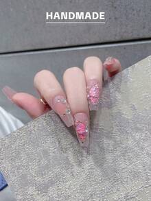 GIRL PLUS Girlplus 10個手工製作的長棺形假指甲,水晶蝴蝶指甲設計,時尚的指甲套裝,適合女性和女孩日常穿着