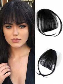 女性用合成纖維假髮,黑色平頭,整齊空氣瀏海,帶有鬢角,6英寸長度