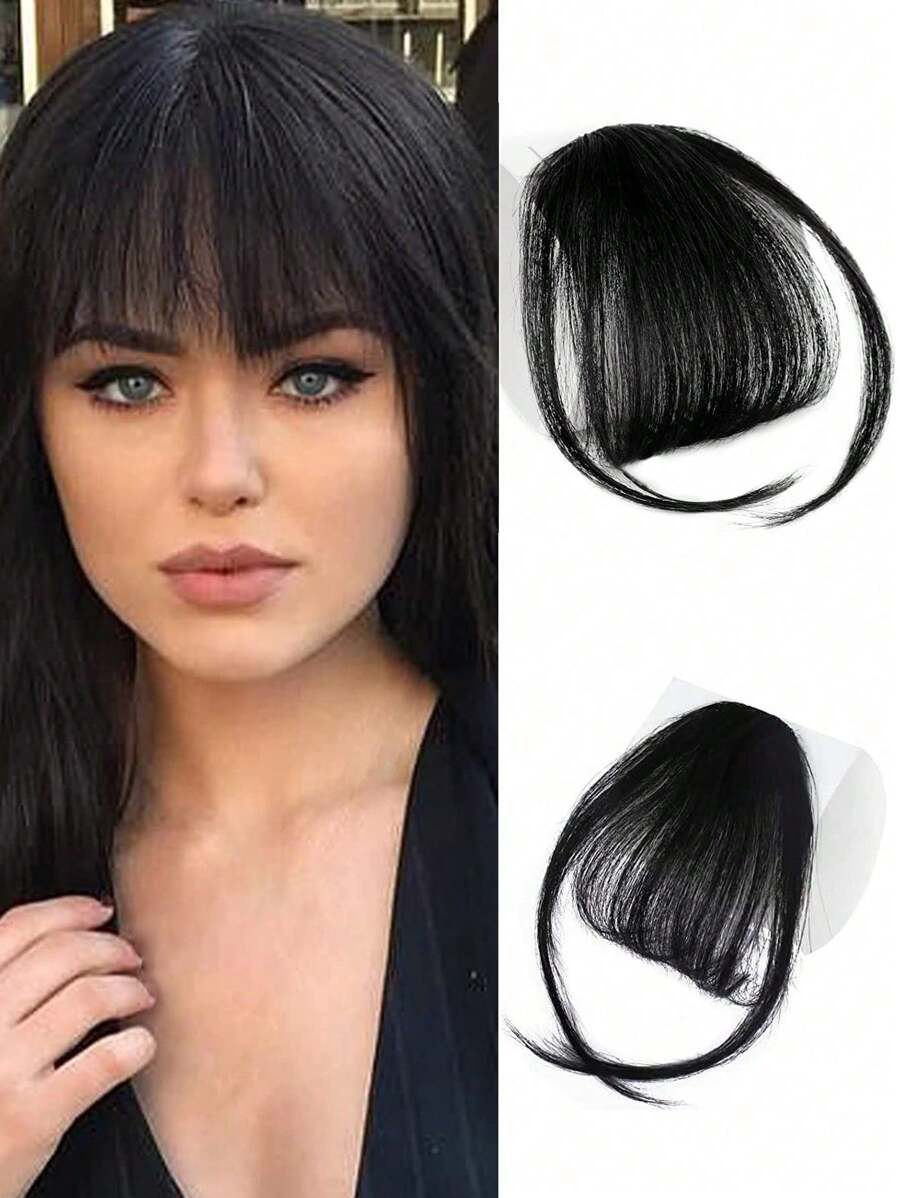 女性用合成纖維假髮,黑色平頭,整齊空氣瀏海,帶有鬢角,6英寸長度