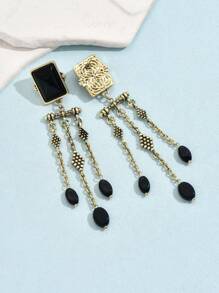 1對復古優雅方形黑水晶長流蘇耳環,時尚華美女士及少女飾品 - 黑色 - 查看 4