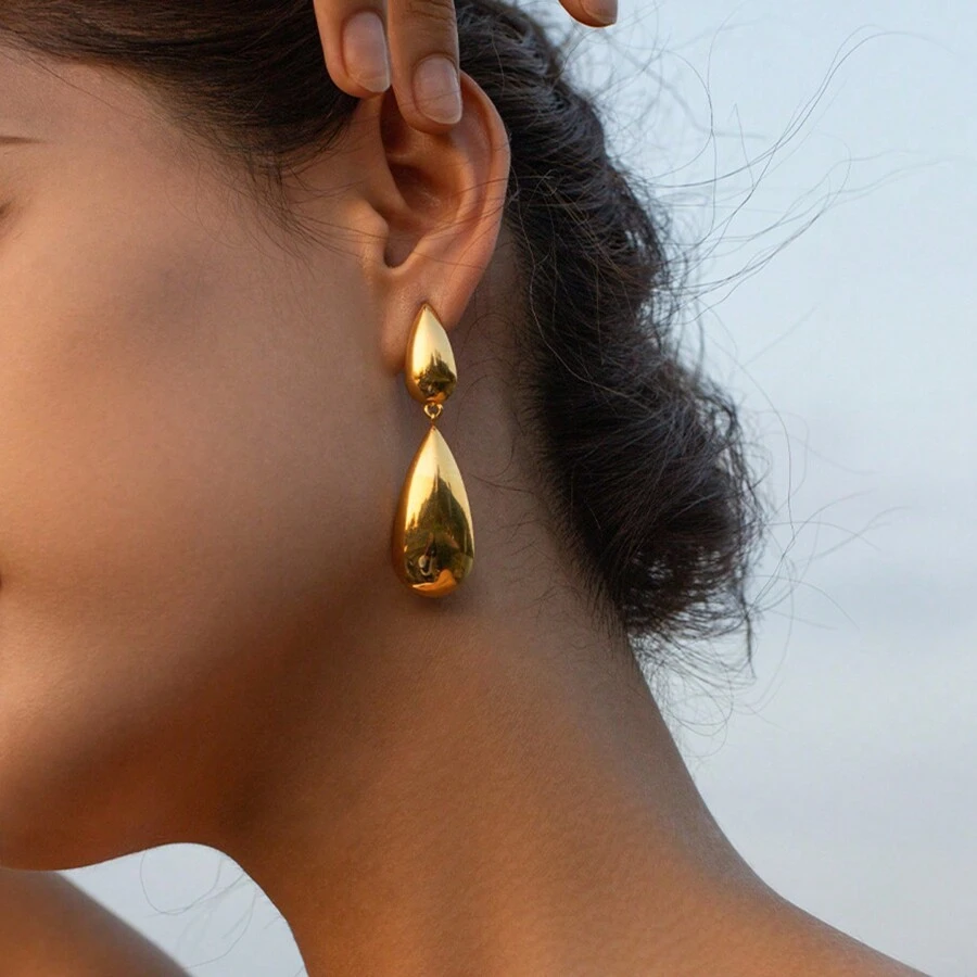 S SHOPBOHO 1 par de pendientes con colgante en forma de lágrima, pendientes grandes dorados exagerados de acero inoxidable, moda de nicho asequible