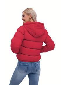 Women's Short Padded Coat With Striped Design Hood - Red - View 3