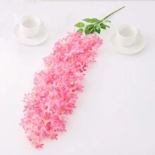 1朵模擬藤蘿花紫丁香小束掛壁假花婚禮背景裝飾藤蔓繡球掛蘭花串客廳掛壁單朵4葉4枝，約120朵花 - 粉色 - 查看 1