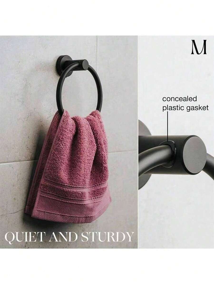 1pc Hand Towel Ring, Stainless Steel Towel Holder Hangers, Wall Mounted Towel Rack For Bathroom Kitchen - Black - View 1