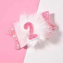 1 件装女孩甜美可爱兔女郎粉色公主系列发夹带数字形尾巴球，绿粉色，女孩装扮的日常配饰 - 粉色 - 查看 3