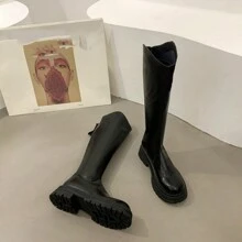 新款女式秋冬時尚中筒靴，舒適平底V剪裁後拉鍊過膝靴 - 黑色 - 查看 2