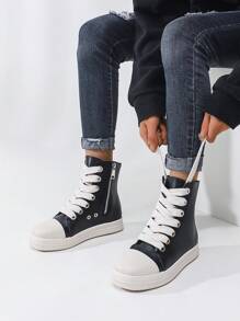 2023新款女士高筒運動鞋,採用鞋帶和粗鞋帶設計,平底,適合日常穿著、運動和戶外活動 - 黑色 - 查看 1