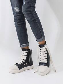 2023新款女士高筒運動鞋,採用鞋帶和粗鞋帶設計,平底,適合日常穿著、運動和戶外活動 - 黑色 - 查看 5