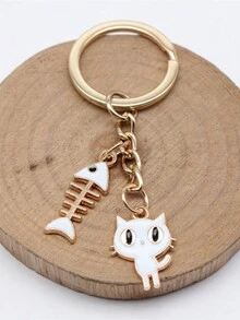 1pc Unisex Creative Metallic Cat Keychain With Oil Drop & Fishbone Decor Best Friend Gift Bag Pendant - White - View 2