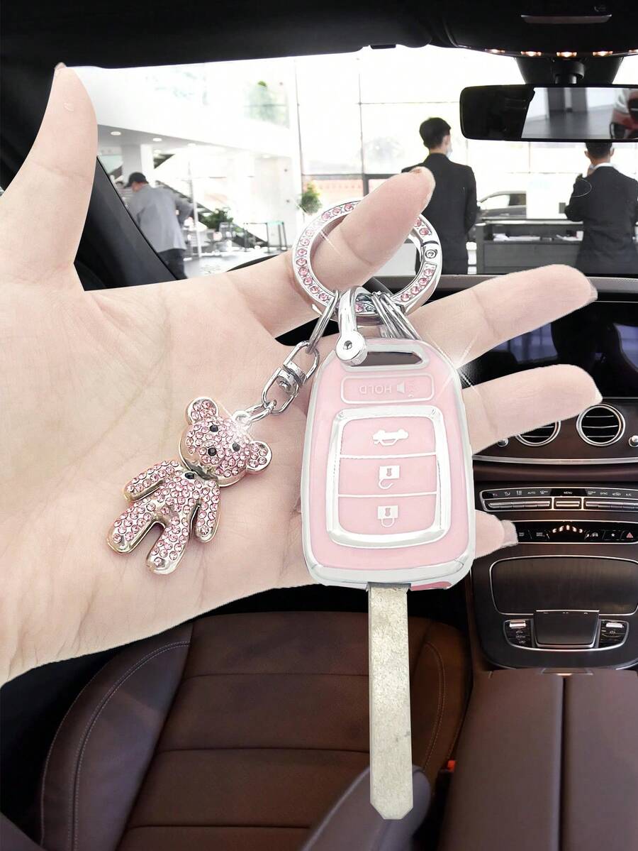 時尚鑽石裝飾可愛粉色熊鑰匙扣,帶旋轉櫻花+粉色防掉落汽車鑰匙套,適用於本田fit Gk5、cr-v、xr-v、jade、hr-v、greiz等車型 - 粉色 - 查看 1