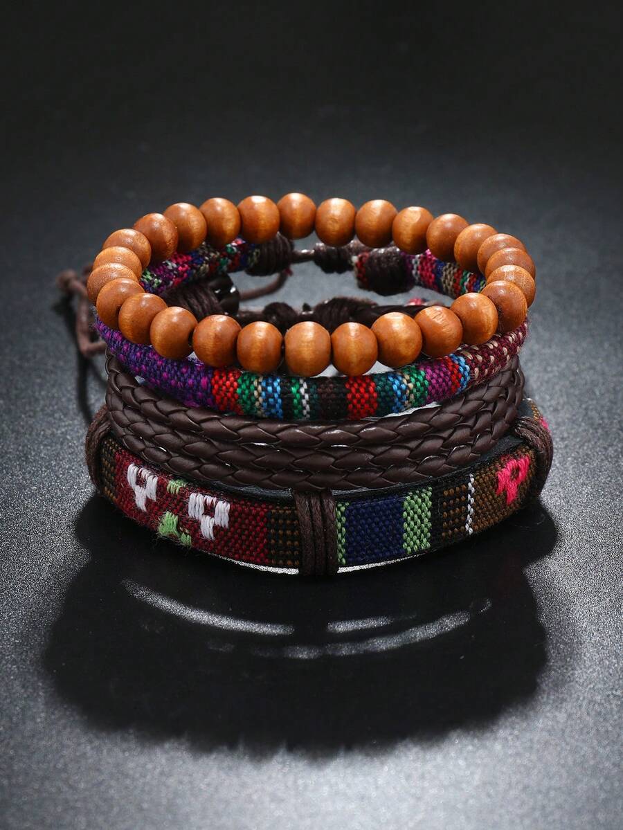 4入組波西米亞風格彩色繩子和皮革編織女士手鍊 - 棕色 - 查看 1